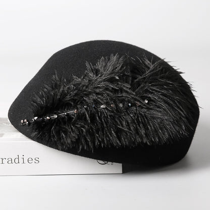 Autumn And Winter Retro Style Feather Decorative Wool Beret