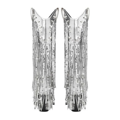 Sequin Tassel Pointed Sleeve High Leg Boot