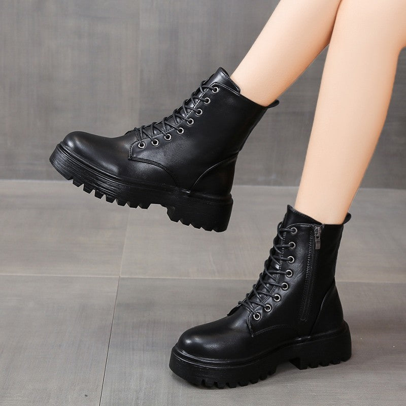 British Style Boots With Chunky Heels Women's Platform Lace-up
