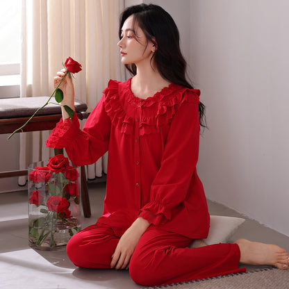 Long Sleeve Annual Home Wear Cotton Wedding Celebration Red Bride Suit