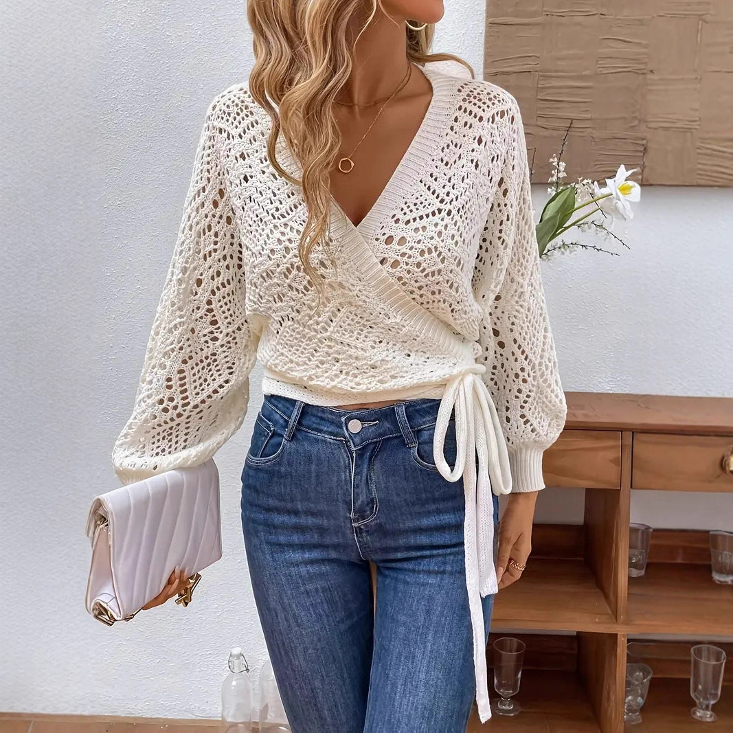 Solid Color And V-neck Lace-up Elegant Lantern Sleeve Long Sleeve