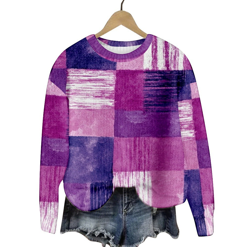 Geometric Color Matching Pattern Elements 3D Printed Casual Women's Round Neck Sweater
