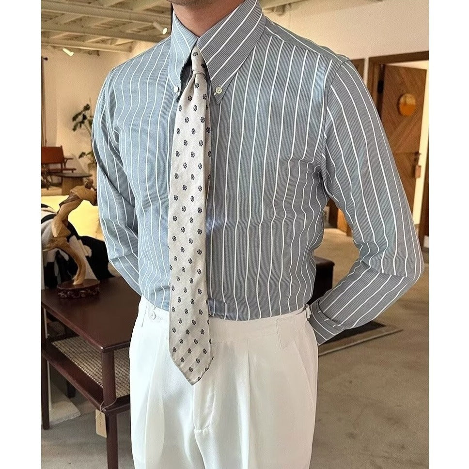 Lapel Vintage Stripe Versatile Slim-fit Long Sleeve Shirt