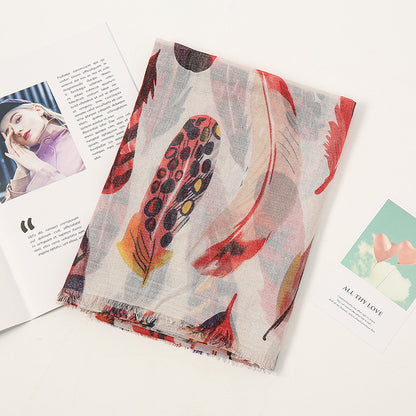 Female Color Feather Silver Silk Print Shawl