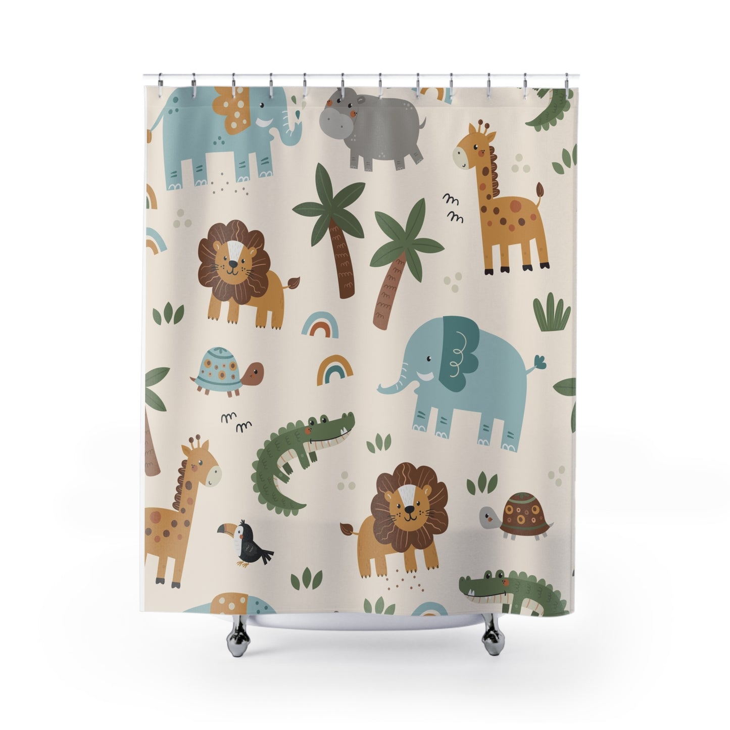 Cute Safari Animals Shower Curtain — Nursery Kids Jungle Elephant, Lion & Giraffe Bathroom Decor