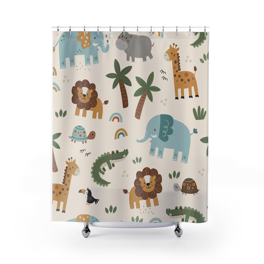 Cute Safari Animals Shower Curtain — Nursery Kids Jungle Elephant, Lion & Giraffe Bathroom Decor