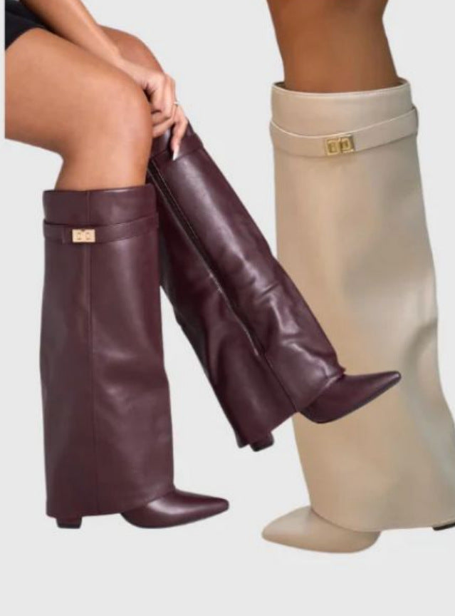 Ins Pant-tube Boots Pointed Toe Chunky Heel Shoes WInter Knight Mid-calf Dress Boot For Women