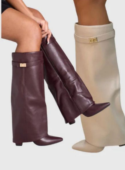 Ins Pant-tube Boots Pointed Toe Chunky Heel Shoes WInter Knight Mid-calf Dress Boot For Women