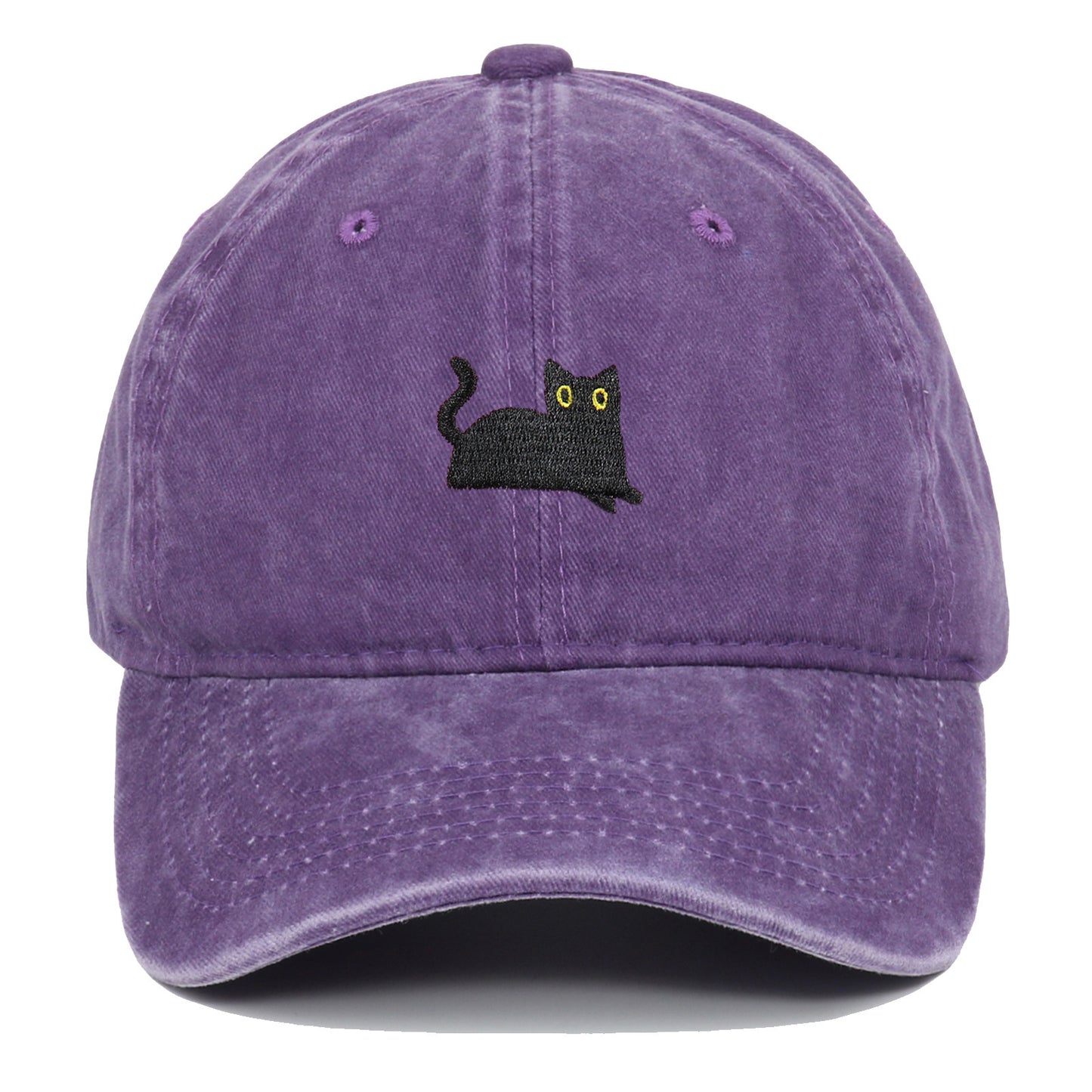 Black Cat Embroidered Washed Baseball Cap Sun Hat