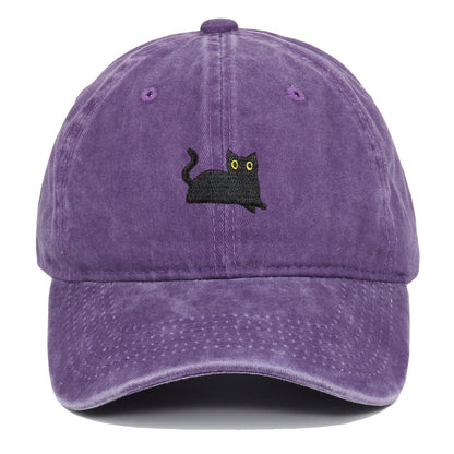 Black Cat Embroidered Washed Baseball Cap Sun Hat