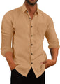 Men's Polo Collar Solid Color Long Sleeve Shirt Linen Loose Casual Cardigan