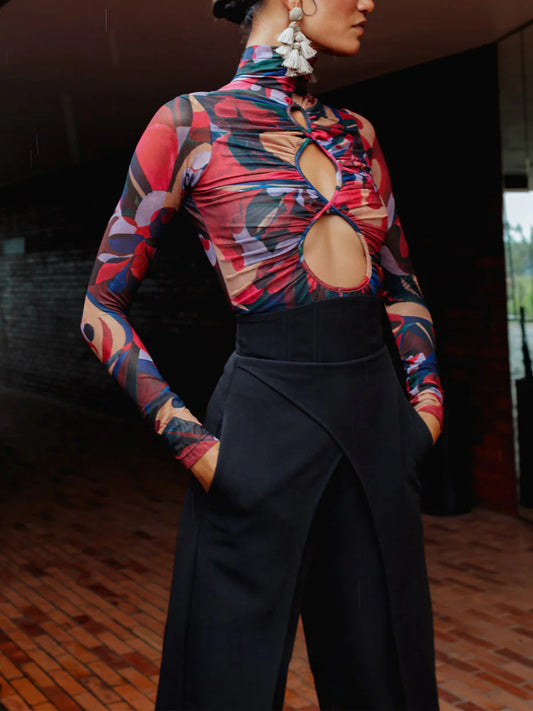 Abstract Print Cut-out Ruched Bodysuit