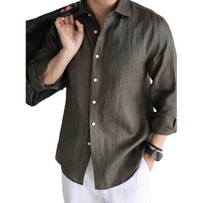 Cotton Linen Blended Yarn-dyed Long-sleeved Casual Business Style Solid Color Shirt