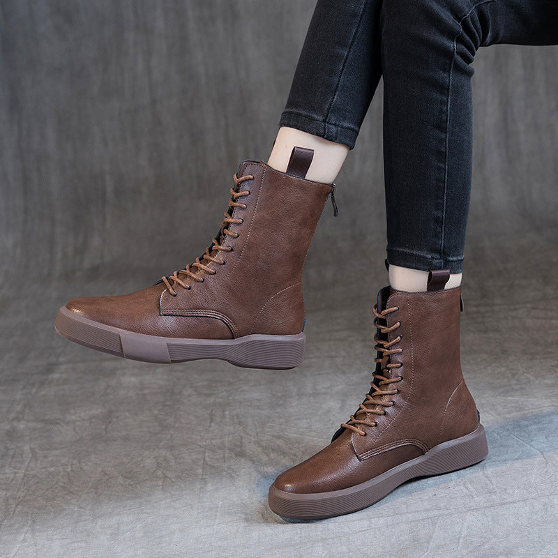 Flat Heel Retro Low Leather Boots Soft Bottom Lace Up Back Zipper