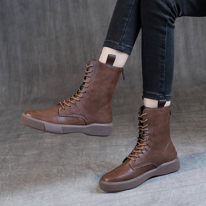 Flat Heel Retro Low Leather Boots Soft Bottom Lace Up Back Zipper