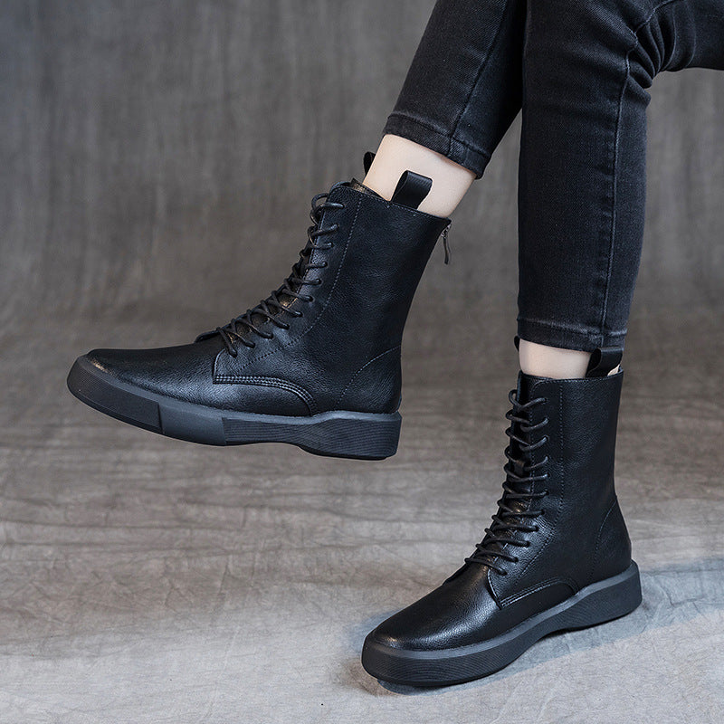 Flat Heel Retro Low Leather Boots Soft Bottom Lace Up Back Zipper