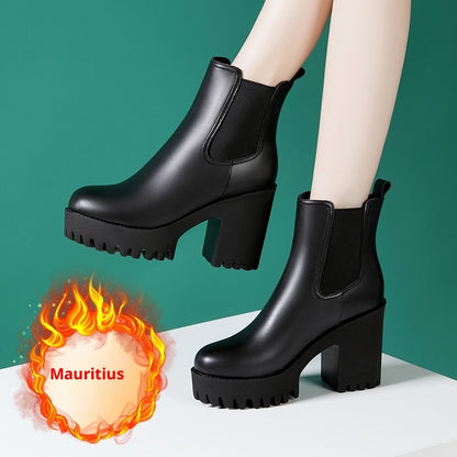 Women's Solid Color Genuine Leather High-heel Thick-heel Platform Mid-calf Boots