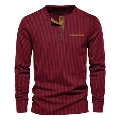 Men's Independent Stand Corduroy Casual Henley Slim Solid Color Long Sleeve T-shirt