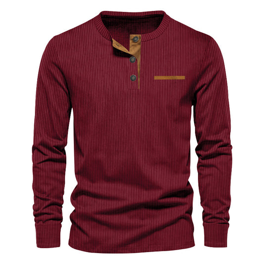 Men's Independent Stand Corduroy Casual Henley Slim Solid Color Long Sleeve T-shirt