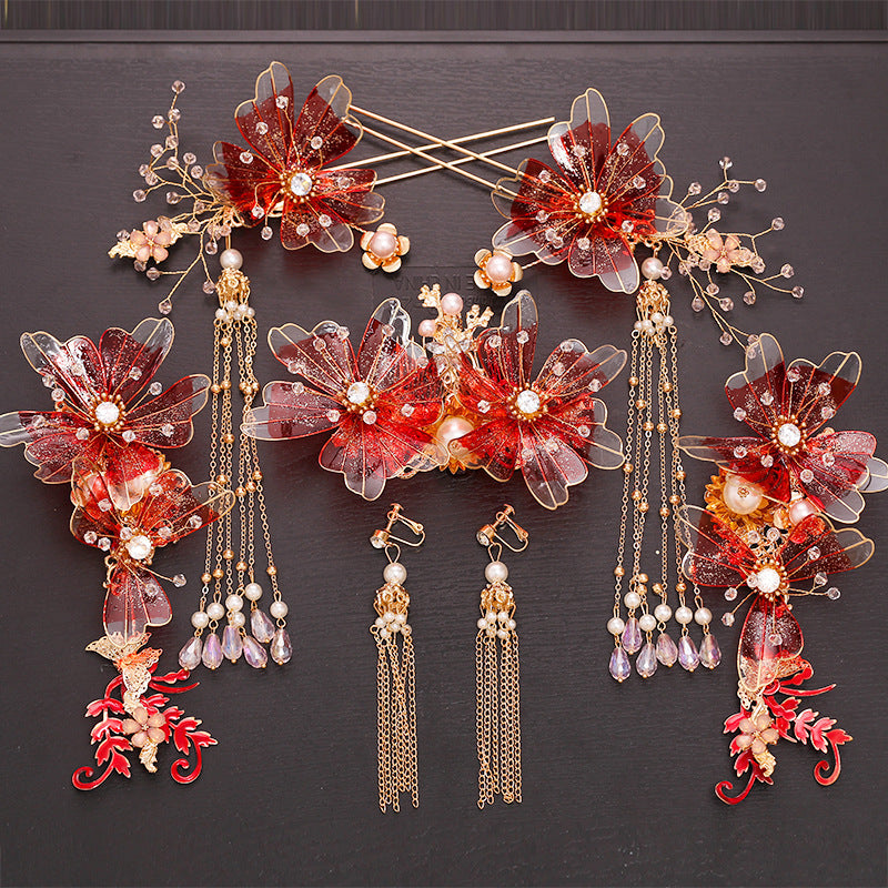 Classical Red Flower Liquid Ancient Style Headdress Fringed Hair Crown Bridal Hair Accessories