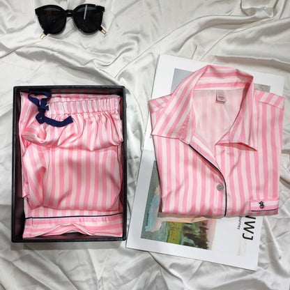 Striped Pajamas Women Autumn And Winter Sexy Pajamas Set Satin Home Silk Cardigan Long Sleeves