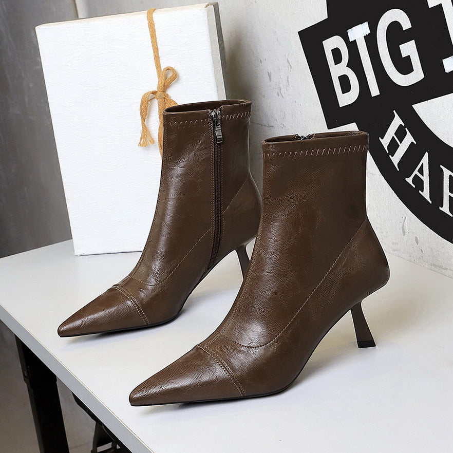 Slim Retro Soft Leather Pointed Toe Bare Single Boots Thin Heel