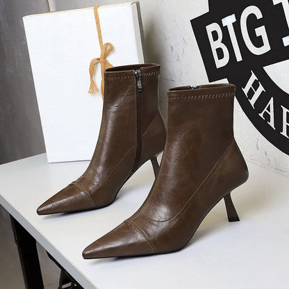 Slim Retro Soft Leather Pointed Toe Bare Single Boots Thin Heel