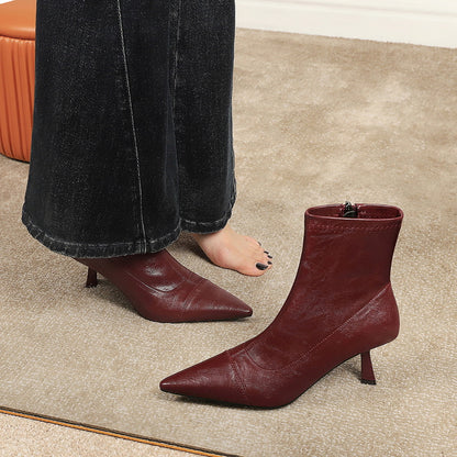 Slim Retro Soft Leather Pointed Toe Bare Single Boots Thin Heel