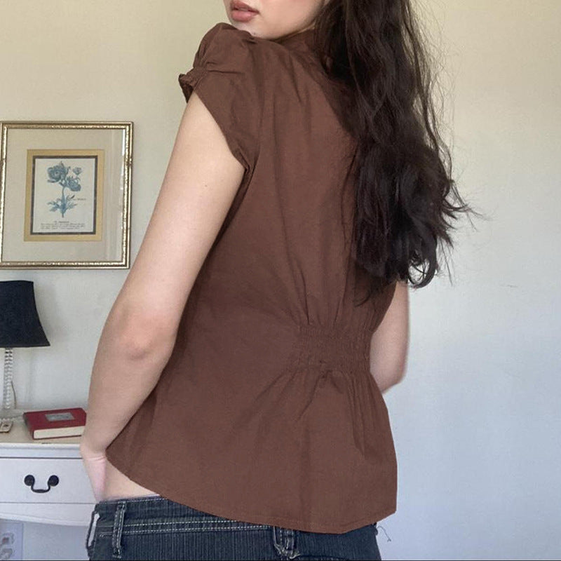 Sweet And Spicy Niche Style Lapel Puff Sleeve Shirt Design Sense Pleat And Waisted
