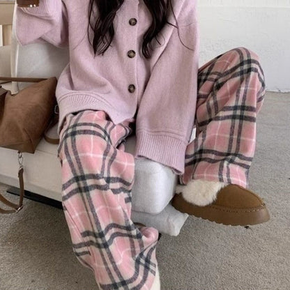 Gentle Temperament Idle Style Plaid Wide-leg Trousers
