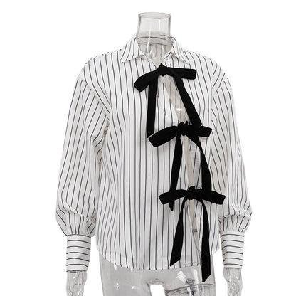 Lapel Long Sleeve Bowknot Lace Printing Striped Shirt