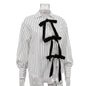 Lapel Long Sleeve Bowknot Lace Printing Striped Shirt