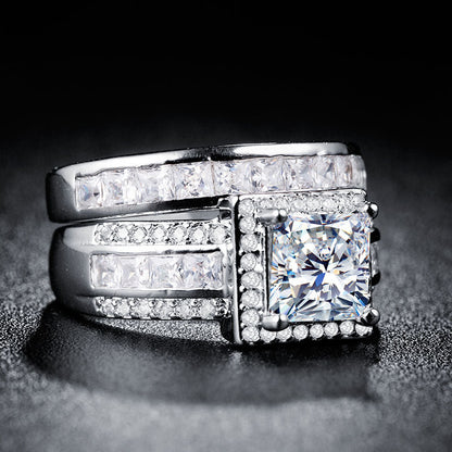 Wedding Engagement Ring Gold Plated Silver Zircon Square Diamond Couple Ring