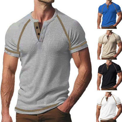 Round Neck Men's Heavy Waffle Casual Henry Short Sleeve
