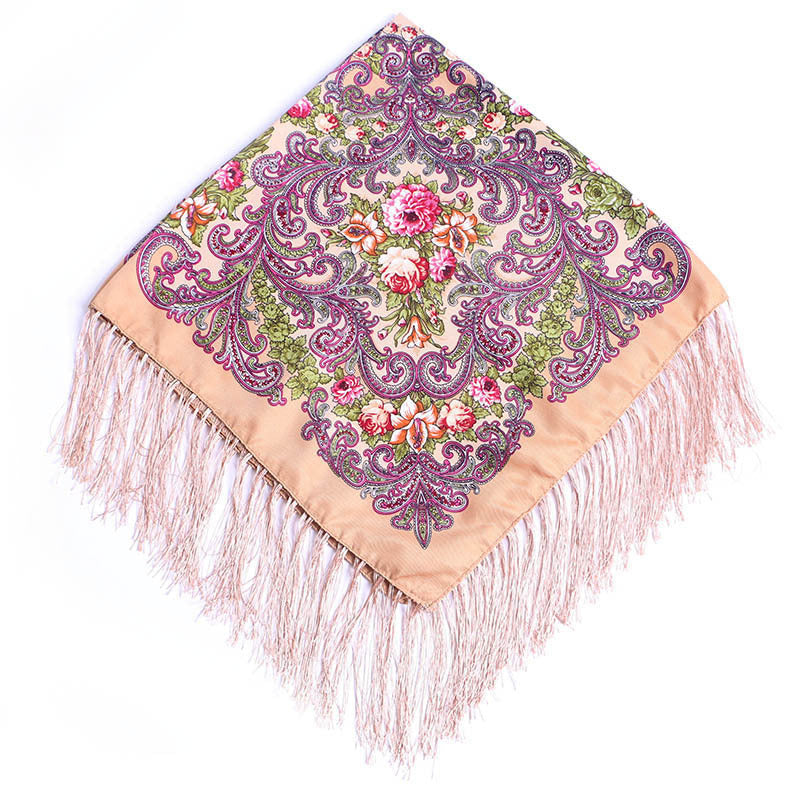Women's Fringed Cotton And Linen Printed Square Scarf