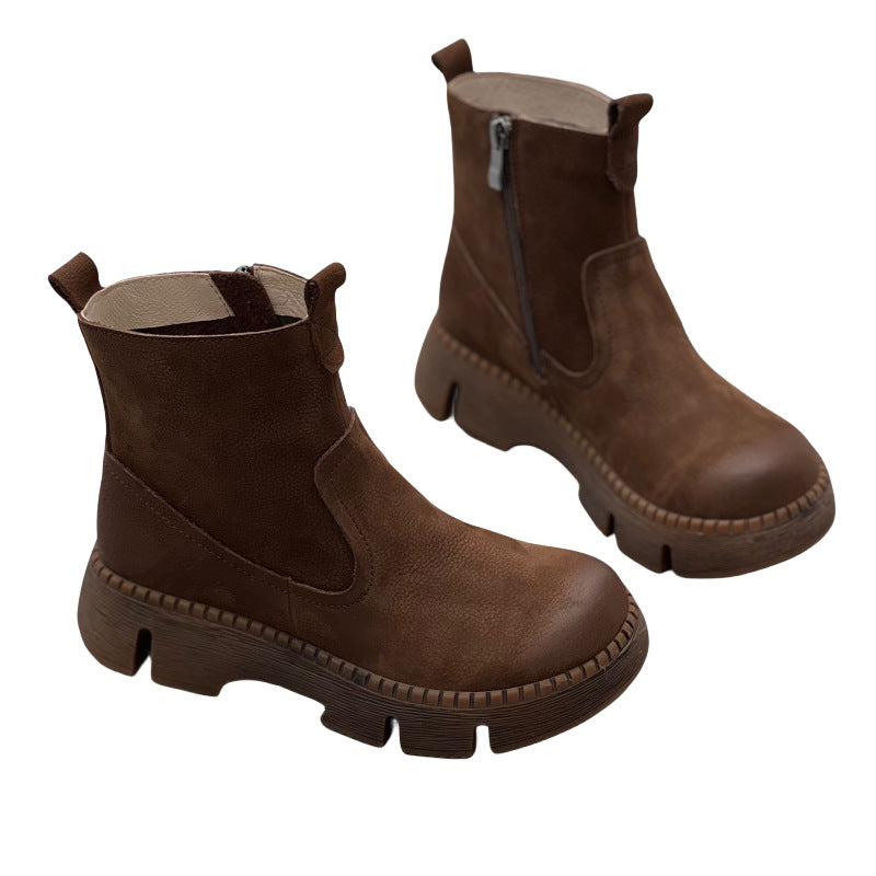 Round Toe All-matching Muffin Bottom Women's Authentic Leather Boots