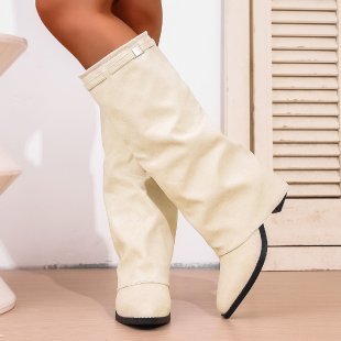 Pointed Toe High Tube Pants Boots Pleated Chunky Heel Sleeve