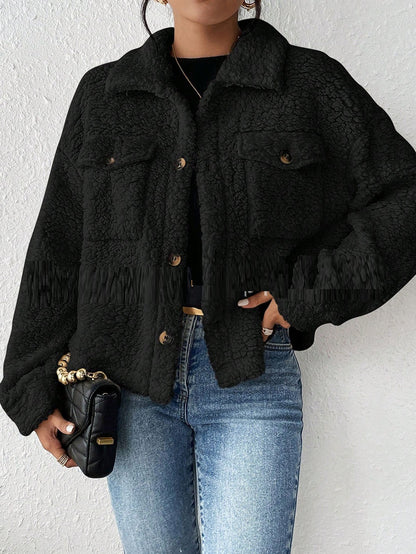 Women's Casual Polo Collar Plush Jacket Short