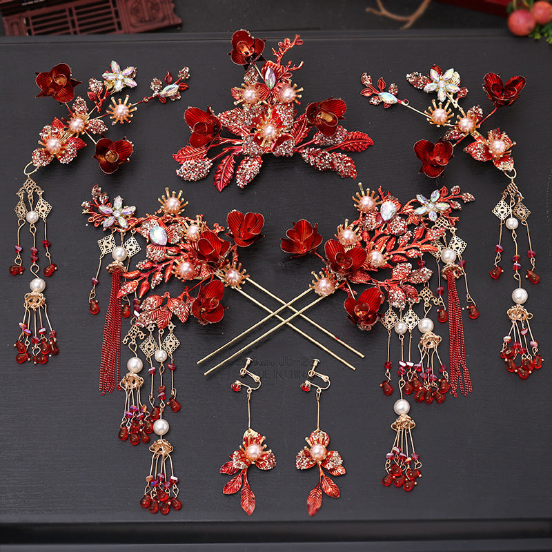 Classical Red Flower Liquid Ancient Style Headdress Fringed Hair Crown Bridal Hair Accessories