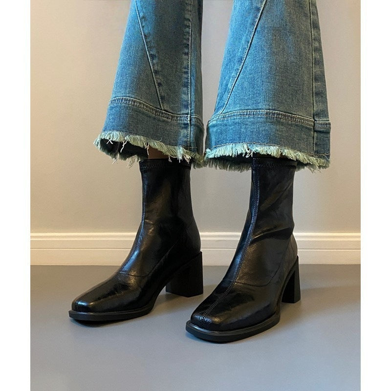 Commuter High Heel Stretch Retro Boots With Chunky Heels