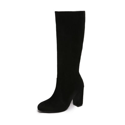 Suede Pleated High Thick Heel Pointed Toe Large Size Sleeve Boots