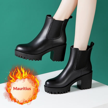 Women's Solid Color Genuine Leather High-heel Thick-heel Platform Mid-calf Boots