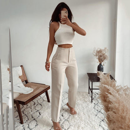 Pleated Casual High Waist Pure Color Slim-fit Basic Pants