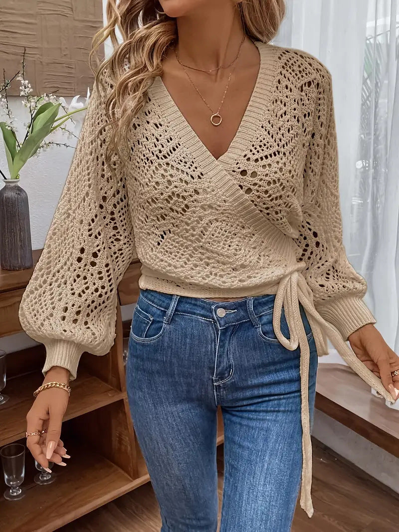 Solid Color And V-neck Lace-up Elegant Lantern Sleeve Long Sleeve