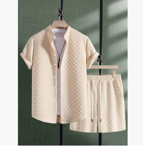 Men's Jacquard Casual Short Sleeve Shirt Outfit