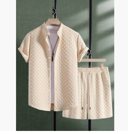 Men's Jacquard Casual Short Sleeve Shirt Outfit