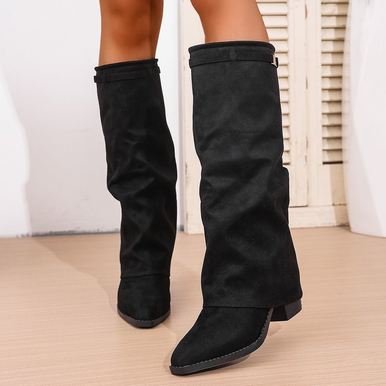 Pointed Toe High Tube Pants Boots Pleated Chunky Heel Sleeve