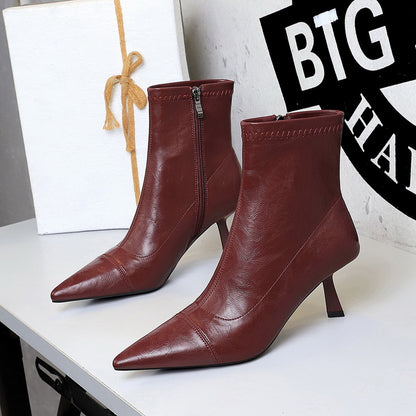 Slim Retro Soft Leather Pointed Toe Bare Single Boots Thin Heel