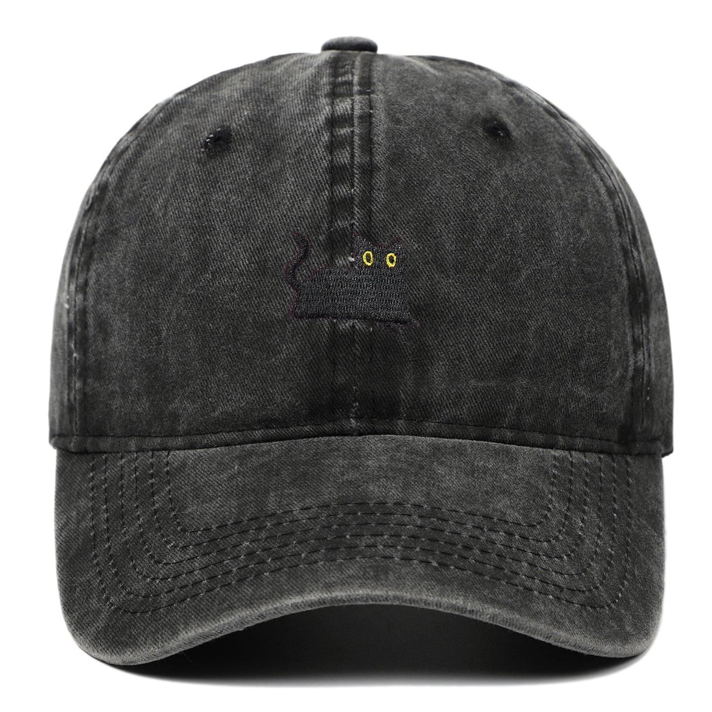 Black Cat Embroidered Washed Baseball Cap Sun Hat