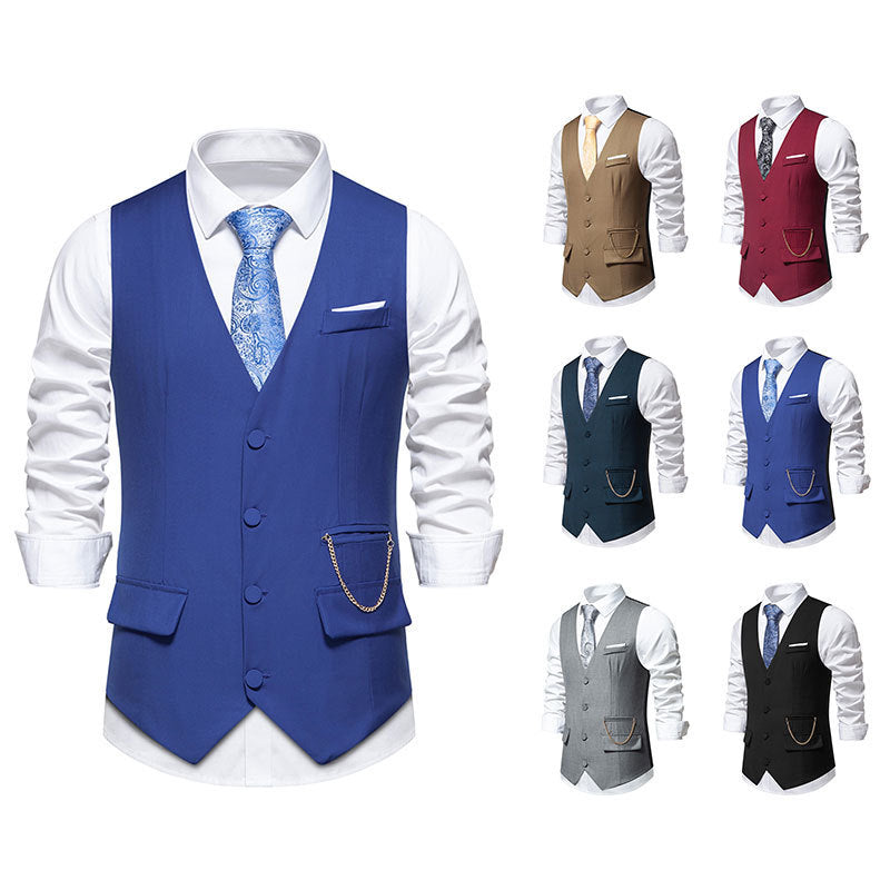 New Men's Solid Color Suit V-neck Single Breasted Chain Vest
